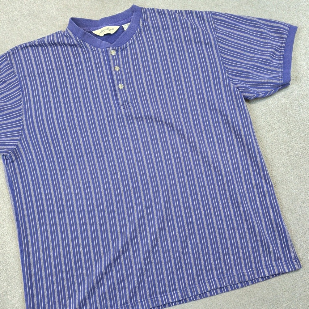 Eddie Bauer Henley Shirt Mens Large Blue White Striped Short Sleeve Cotton Top